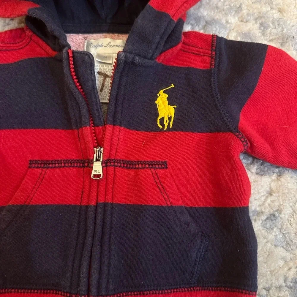 Ralph Lauren Baby Red Navy Stripe Zip Hoodie Big Pony Logo Preppy Size 3M